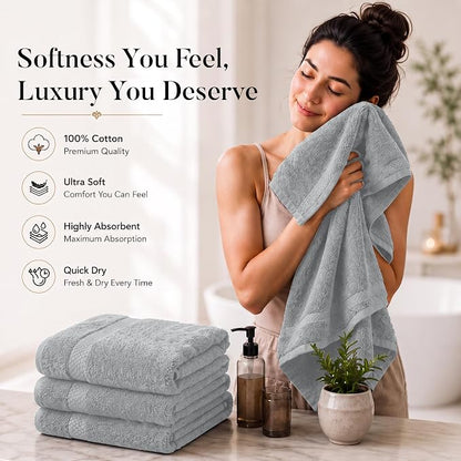 DAN RIVER 600 GSM Cotton Large Bath Towels Set of 4, 27 x 54 Inches, Silver | Larger & Lighter Weight Towels for Bathroom - Highly Absorbent & Quick Dry 100% Cotton Bath Towel Set for Home, Spa & Hotel