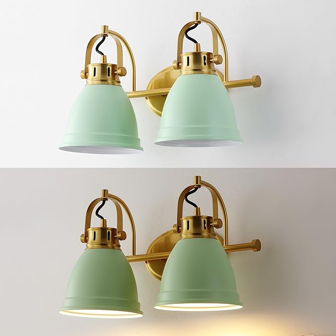 JONATHAN Y 16.25" Mint Green/Brass Gold 2-Light LED Vanity Light, Adjustable Wall Sconce for Bathroom Mirror, Farmhouse Bohemian Kitchen Light, Iron Black Bell Shade (JYL1115D)