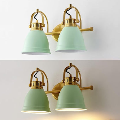 JONATHAN Y 16.25" Mint Green/Brass Gold 2-Light LED Vanity Light, Adjustable Wall Sconce for Bathroom Mirror, Farmhouse Bohemian Kitchen Light, Iron Black Bell Shade (JYL1115D)