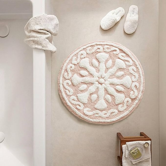 Madison Park Casablanca 100% Cotton Tufted Bathroom Rugs Luxurious Plush Medallion Floral Pattern Bath Mat Absorbent, Quick Dry, Spa Design Shower Room Décor, Round 25", Pink