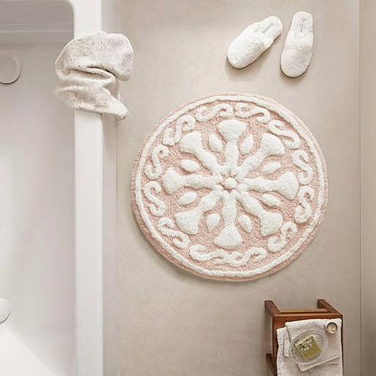 Madison Park Casablanca 100% Cotton Tufted Bathroom Rugs Luxurious Plush Medallion Floral Pattern Bath Mat Absorbent, Quick Dry, Spa Design Shower Room Décor, Round 25", Pink