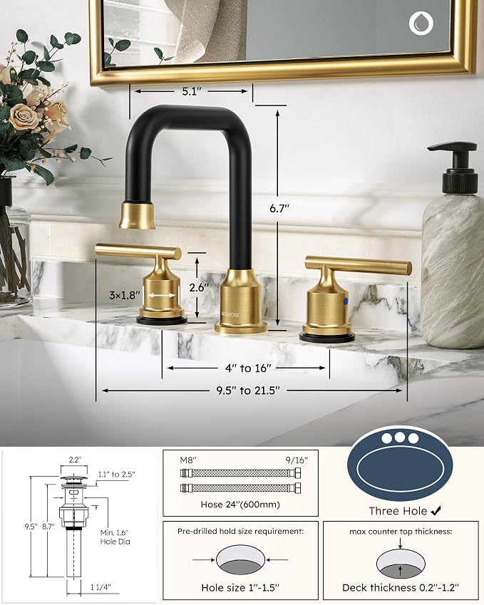 WOWOW Black Gold Bathroom Faucet 3 Hole, Widespread Vanity Sink Faucets | Copper Inlet Faucet for Bathroom Sink with Swivel Spout, 2 Handles Lavatory Tap with Drain and cUPC Supply Line (Set of 2)