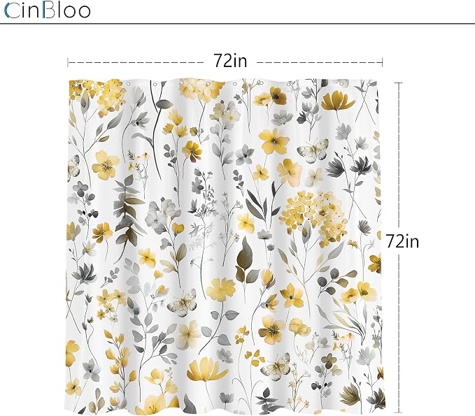 Yellow Gray Grey Flower Floral Wildflower Leaf Bathroom Shower Curtain Set | 72"W x 72"H Leaves Botanical; waterproof HD print, quick-dry fabric and plastic hooks for easy setup.