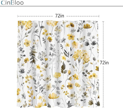 Yellow Gray Grey Flower Floral Wildflower Leaf Bathroom Shower Curtain Set | 72"W x 72"H Leaves Botanical; waterproof HD print, quick-dry fabric and plastic hooks for easy setup.