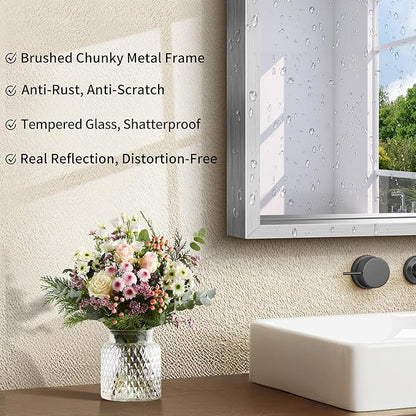 CIRCUMI 18"x24" Silver Mirror with Chunky Box Metal Frame, Brushed Finish Rectangular Bathroom Mirrors for Over Sink, Living Room, Entryway, Tempered Glass Mirror for Wall, Vertical or Horizontal