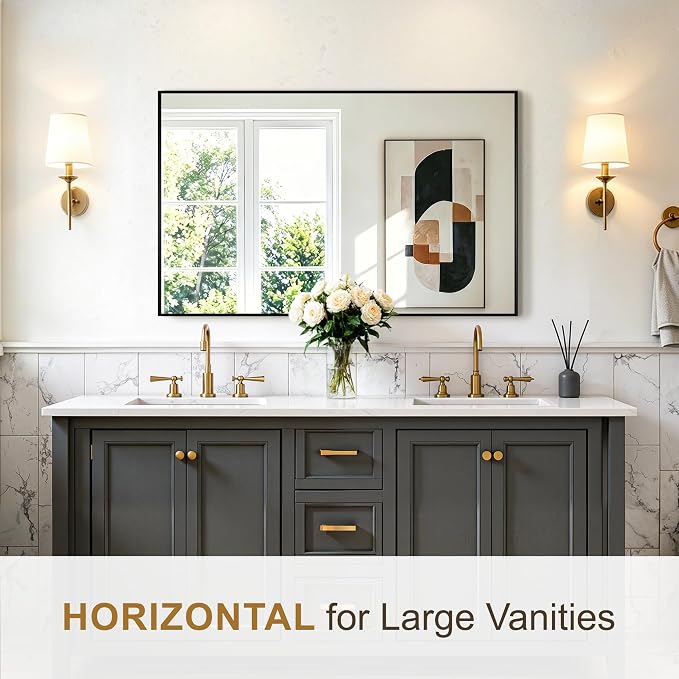 Rectangular Bathroom Mirror, 48"x30" Black Metal Framed Vanity Mirror | HD Shatterproof Wall Mirror, Horizontal or Vertical Hanging, Easy Installation for Bathroom, Bedroom, Living Room, Entryway
