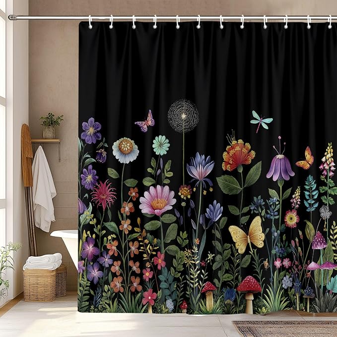 Black Floral Shower Curtain, Cute Colorful Wildflower Aesthetic Shower Curtain for Bathroom, Dark Flowers Rustic Farmhouse Botanical Vintage Shower Curtains with Hooks 72X72 Inch Gothic Witchy Plant