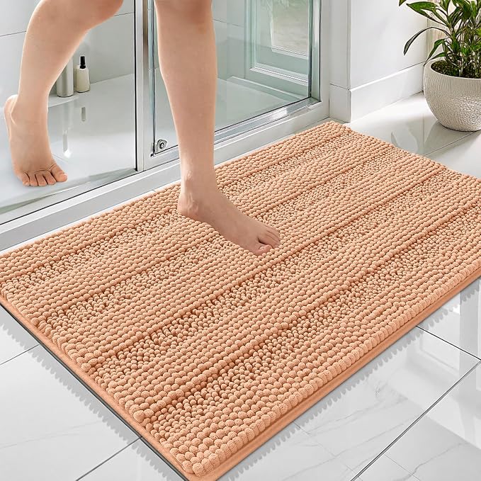OLANLY Thick Bathroom Rugs 36x24, Soft Chenille Striped Bath Rugs, Peach | Rubber Backing, Machine Wash, Extra Absorbent Bath Mats for Bathroom Floor, Tub and Shower, Home Decor Accessories