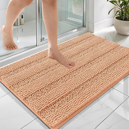 OLANLY Thick Bathroom Rugs 36x24, Soft Chenille Striped Bath Rugs, Peach | Rubber Backing, Machine Wash, Extra Absorbent Bath Mats for Bathroom Floor, Tub and Shower, Home Decor Accessories