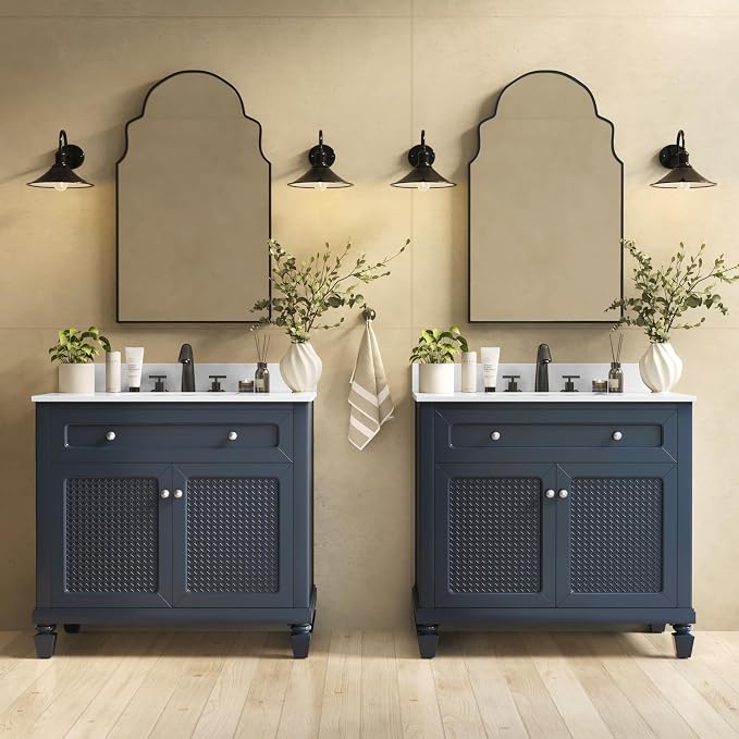 36 Inch Bathroom Vanity with Sink, Midnight Blue, 2 Pack | Solid Wood Bathroom Cabinet with Marble Countertop & Backsplash, Soft Closing 2 Doors & Drawer