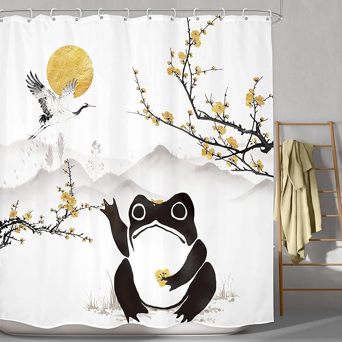 LGhtyro Funny Frog Shower Curtain Bathroom Set 71Wx71H Inches Asian Style Traditional Landscape Scenery Japanese Golden Plum Blossom Sun Bath Accessories Mountain Art Home Decor Fabric 12 Pack Hooks