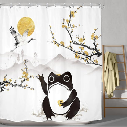LGhtyro Funny Frog Shower Curtain Bathroom Set 71Wx71H Inches Asian Style Traditional Landscape Scenery Japanese Golden Plum Blossom Sun Bath Accessories Mountain Art Home Decor Fabric 12 Pack Hooks