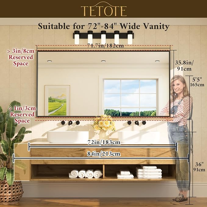 Brushed Gold Mirror Beveled Frame 72" x 36" Large Brass Gold Rectangle Bathroom Vanity Wall Mirror for Over Sink, Modern Farmhouse, Tempered Glass, Shatterproof, Stronger Frame