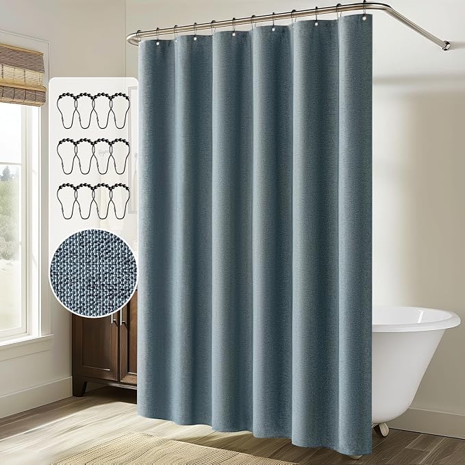 MIULEE 72 x 84 Extra Long Linen Shower Curtain Dusty Blue 12 Metal Hooks | Washable, Fabric Shower Curtain, Waterproof Neutral Thick Cloth Shower Curtain, Bathroom Hotel Bathtub