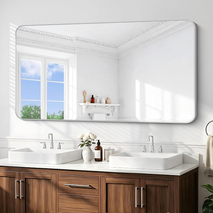 BONEWEI 66x30 inch Large Bathroom Mirror,Black Rectangle Mirror,Wall Mounted Bathroom Frame Vanity Mirror with Round Corner for Bedroom Living Room, Entryway Hangs Horizontal or Vertical