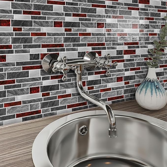 Alwayspon 10 Sheets 12" x12inch Black and Red Marble Effect Vinyl Tiles, Backsplash, Self-Adhesive Peel and Stick Wall Tile Stickers, Stick on Subway Tiles for Kitchen Bathroom Wall Decor