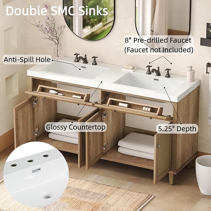 60 Inch Bathroom Vanity with Double Sink,Wood Color Doule Sink Vanity with 2 Tip-Out Trays & 4 Soft Closing Doors,Large Storage Space,Silver Knobs,Solid Wood Legs,Woven Rattan Doors Front