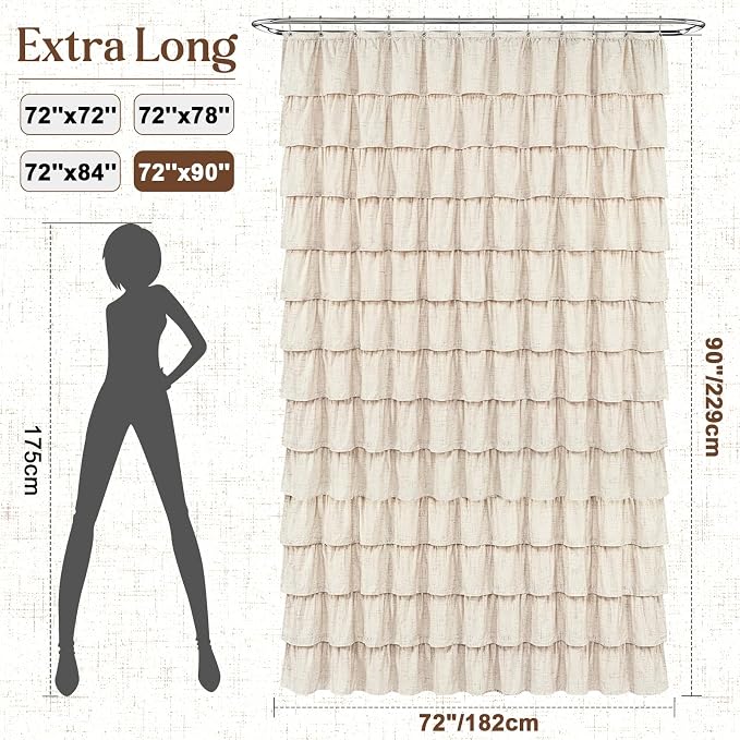 Extra Long Farmhouse Shower Curtains for Bathroom with Ruffle, 72"Wx90"L | Ruffle Design, Vintage Rustic Boho, Washable Waterproof Shower Curtain for Bathroom Bathtub, 12 Metal Hooks
