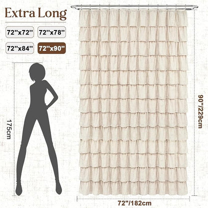 Extra Long Farmhouse Shower Curtains for Bathroom with Ruffle, 72"Wx90"L | Ruffle Design, Vintage Rustic Boho, Washable Waterproof Shower Curtain for Bathroom Bathtub, 12 Metal Hooks