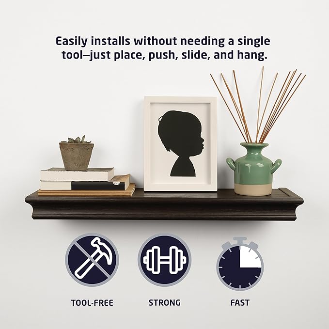 HIGH & MIGHTY 515603 Modern 18" Floating Shelf Holds up to 15lbs, Easy Tool-Free Dry Wall Installation, Flat, Retail Packaging, Espresso