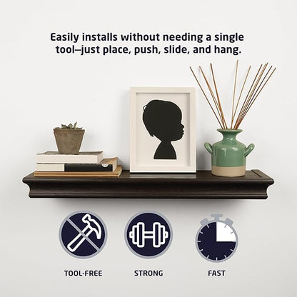HIGH & MIGHTY 515653 Modern 18" Floating Shelf Holds up to 15lbs, Easy Tool-Free Dry Wall Installation, Flat, eCommerce Packaging, Espresso