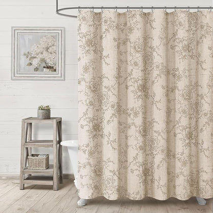 Farmhouse Floral Linen Shower Curtain, Vintage Tan Pattern Rustic Shower Curtains for Bathroom, Taupe,72x72