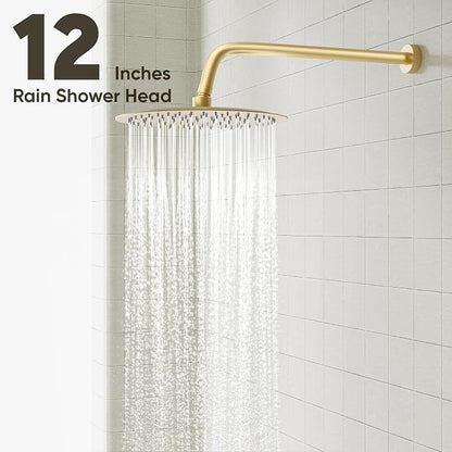 Gabrylly Shower System with Tub Spout, Bathtub Shower Faucet Set with 12" Rain Shower head and 5-Setting Handheld Shower, Wall Mounted Shower Fixtures with Pressure Balance Shower Valve, Brushed Gold