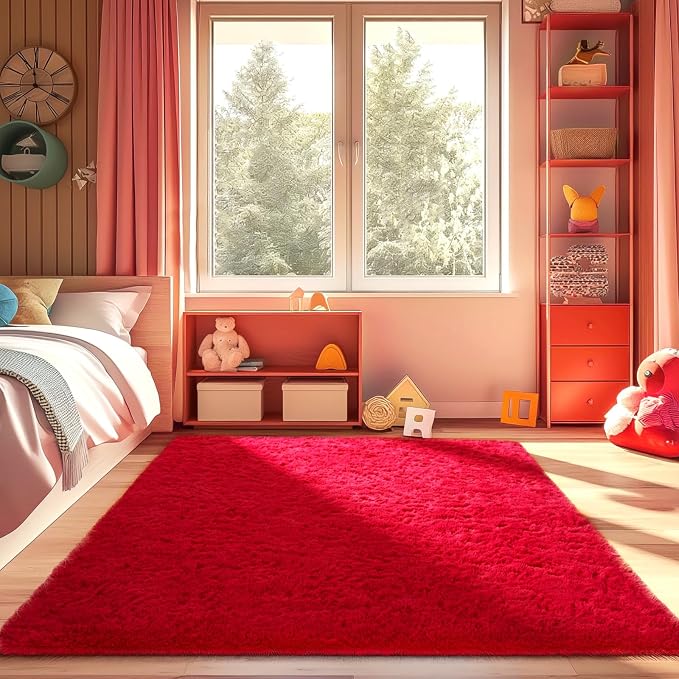 Ophanie Red Rugs for Bedroom Living Room, Fluffy Fuzzy Furry Carpet, Plush Soft Shaggy Bedside Indoor Floor 4x6 Area Rug for Kids Girls Boys Baby Teen Dorm Nursery Decor with Over 99 pcs Pile fibers