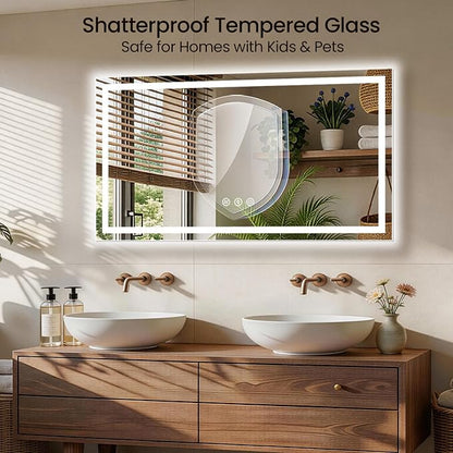 55x36 LED Bathroom Mirror with Anti-Fog, Backlit & Front Lit, Memory | Stepless Dimmable 3 Color CRI 95+ Shatterproof Tempered Glass ETL Listed for Safety Lighted Bathroom Vanity Mirror for Wall