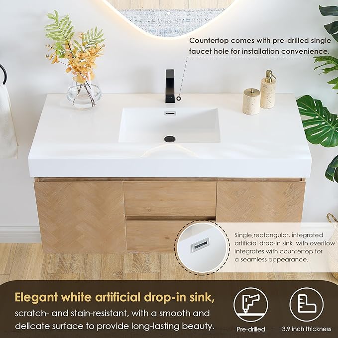 48 Inch Floating Sink Bathroom Vanity Wall Mount Single Vanities Overflow Mordern Large Storge Cabinet with Ceramic Countertop Double Soft Closing Drawers Pre-Assembled
