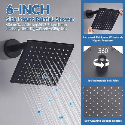 Dual Rainfall Shower Head System Matte Black, 3-Function Push Button Shower Faucet Set with 12" Wall Mount Rain shower head and 6" Wall Mount Shower Head, Pressure Balance Rough-in Valve