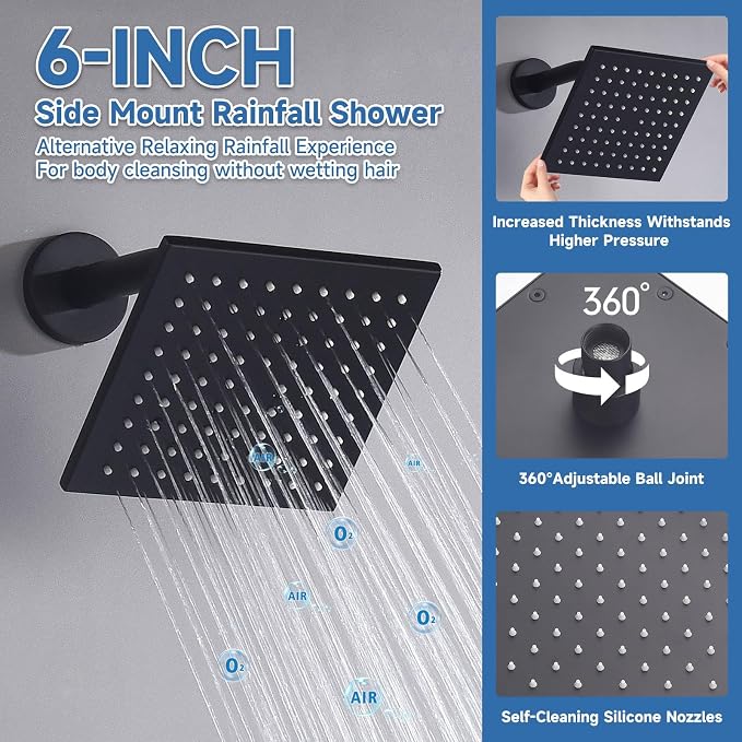 Dual Rainfall Shower Head System, Push Button Shower Faucet Set with 12" Ceiling Mount Rain shower head and 6" Wall Mount Shower Head, Pressure Balance Rough-in Valve (Matte Black)