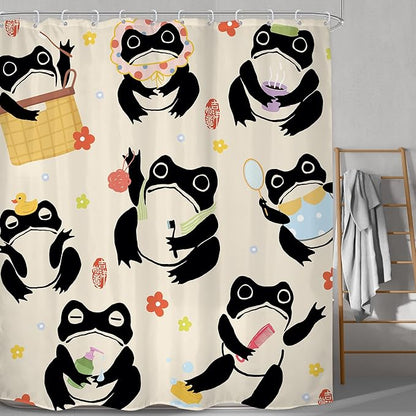 LGhtyro Funny Frog Shower Curtain Bathroom Set 71Wx84H Inches Extra Long Japanese Cute Fun Kids Washing Animal Asian Traditional Floral Bath Accessories Cartoon Art Home Decor Fabric 12 Pack Hooks