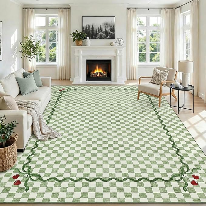 Garvee Washable Sage Green 10x13 Area Rug for Living Room Checkered Cherry | Coquette Large Non Slip Soft Bedroom Rugs Large Low Pile Stain Resistant Carpet for Nursery Dining Room Classroom