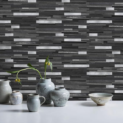 STICKGOO 20 Sheets Peel and Stick Backsplash Tile, Stick on Backsplash for Kitchen and Bathroom, Black Grey Wood Look PVC Mixed Metal Silver Self Adhesive Wall Tiles