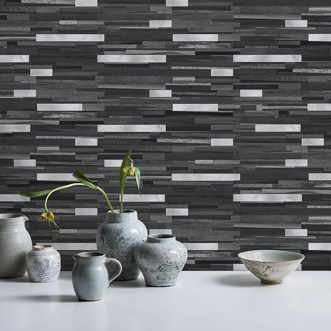 STICKGOO 2 Sheets Peel and Stick Backsplash Tile, Stick on Backsplash for Kitchen and Bathroom, Black Grey Wood Look PVC Mixed Metal Silver Self Adhesive Wall Tiles