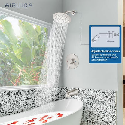 Airuida Shower Faucet Set with Tub Spout,6" Bathtub Faucet-Brushed Nickel | Male Threads Rough-In Valve,Round Head Shower System,Tub and Shower Kit Set