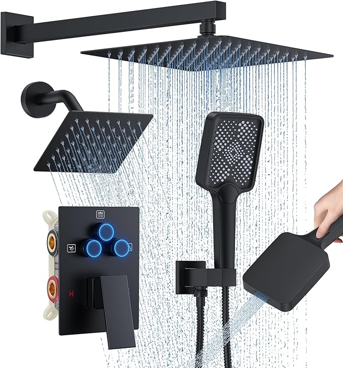 WOINDO Shower Faucet Set, 10" Wall Mount Rainfall Shower System with 2 Rain Shower Head and Multi-function Handheld Head Push Button Diverter Shower Faucet Trim Kit