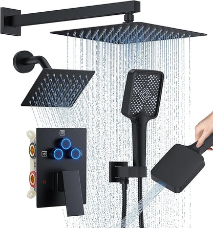 WOINDO Shower Faucet Set, 10" Wall Mount Rainfall Shower System with 2 Rain Shower Head and Multi-function Handheld Head Push Button Diverter Shower Faucet Trim Kit