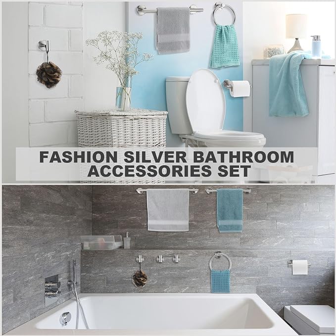 Gisafai 15 Pcs Brushed Nickel Bathroom Accessories Hardware Set Silver Towel Racks for Bathroom SUS304 Stainless Steel 23.6 Inch Brushed Towel Bar Ring Toilet Paper Holder Robe Hooks Wall Mounted