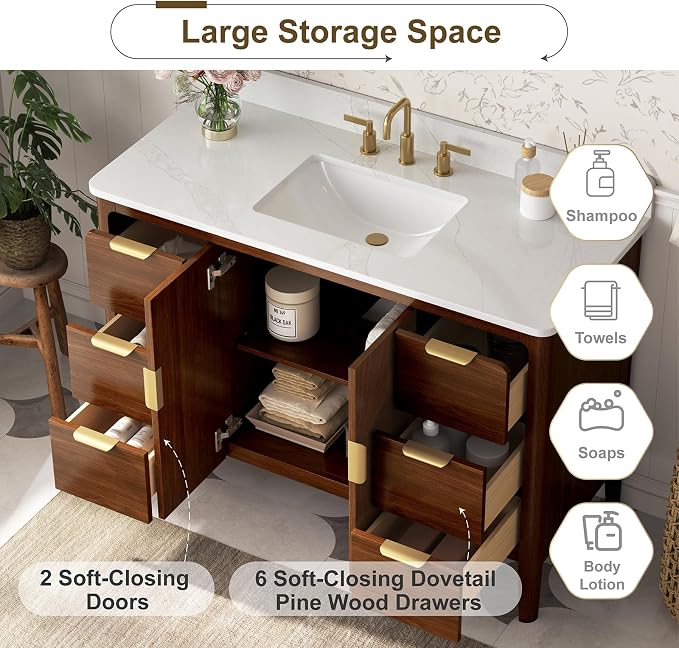 48 Inch Walnut Bathroom Vanity with Sink, Fully Assembled Solid Wood Bathroom Vanities with Soft Close Parquet Doors, Full Extension Dovetail Drawers, Calacatta Quartz Top & Backsplash