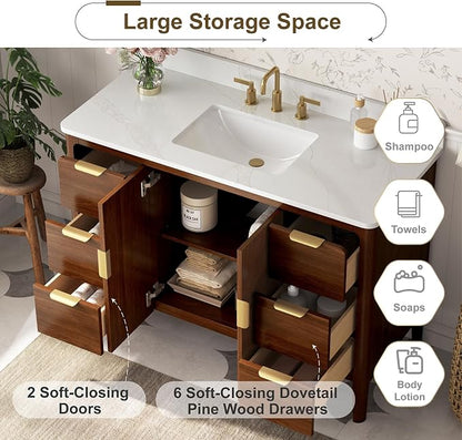 48 Inch Walnut Bathroom Vanity with Sink, Fully Assembled Solid Wood Bathroom Vanities with Soft Close Parquet Doors, Full Extension Dovetail Drawers, Calacatta Quartz Top & Backsplash