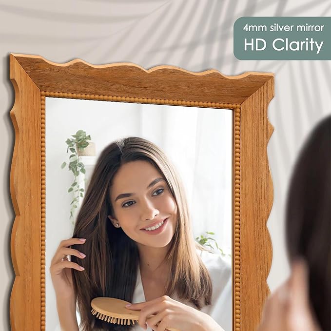 Besdomus Farmhouse Wooden Bathroom Mirror: 32" x 24" Light Brown Wood Mirror for Vanity/Entryway/Wall Decor - Ideal for Country Style Lovers