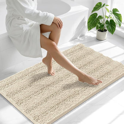 Smiry Thick Chenille Bathroom Runner Rugs 44x24, Absorbent Bath Mat, Sand | Quick‑Dry & Machine Washable, Non‑Slip Bath Carpet, Soft Striped Bath Rugs for Tub & Shower, Modern Home Decor Accessories