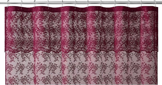 TUDECO Dark Red Lace Shower Curtain with Attached Valance, 72W x 84L Inch | Burgundy Bathroom Curtain, Maroon Floral, Semi-Sheer, Scalloped Edges, Gentle Privacy, Reinforced Holes, Machine Washable