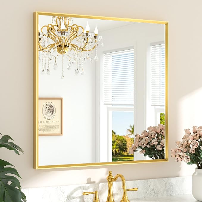 Brushed Brass Vanity Mirror for Bathroom 36" x 36" Brushed Gold Rectangle Beveled Framed Bathroom Wall Mirror for Over Sink, Tempered Glass, Modern Farmhouse Bedroom, Entryway, Living Room