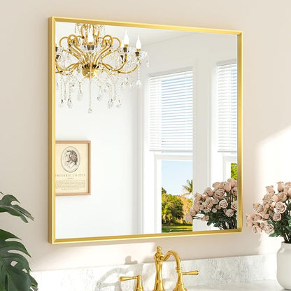Brushed Brass Vanity Mirror for Bathroom 36" x 36" Brushed Gold Rectangle Beveled Framed Bathroom Wall Mirror for Over Sink, Tempered Glass, Modern Farmhouse Bedroom, Entryway, Living Room