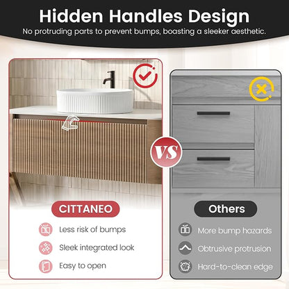 48" Floating Bathroom Vanity with White Sink, Honey Oak | Pre-Assembled Fluted Wall Mounted Vanity with Ceramic Vessel Sink, Rounded Edges, Soft-Close Drawer & Towel Rack