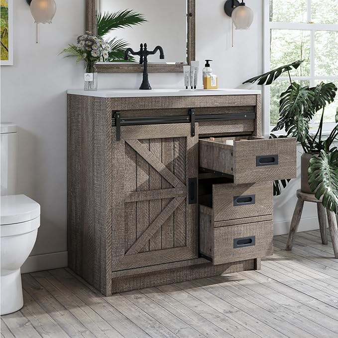 31" Farmhouse Sliding Barn Door Bathroom Vanity with Sink Combo, Bathroom Vanity Cabinet with Drawers & Metal Handles, Freestanding, Gray