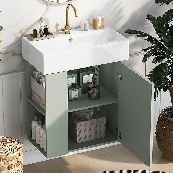 LUMISOL 21.6" Floating Bathroom Vanity with Sink, Wall Mounted Bathroom Vanity with Left Side Storage & Soft-Close Door, Small Bathroom Cabinet with Ceramic Sink, Green